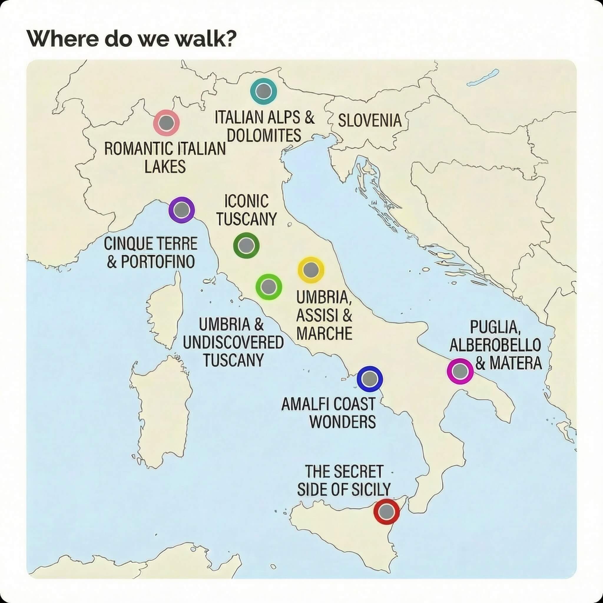 Walk About Italy tour destinations map in Italy