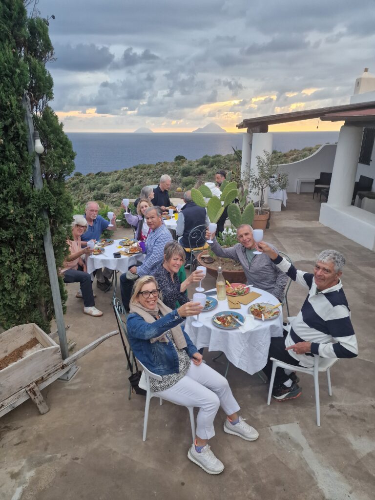 The group having a meal in the fantastic terrace of chef Ciccio in Lipari