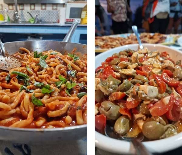 Hand-made pasta with tomato and basil, and caponata (Secret Sicily walking tour with Walk About Italy)