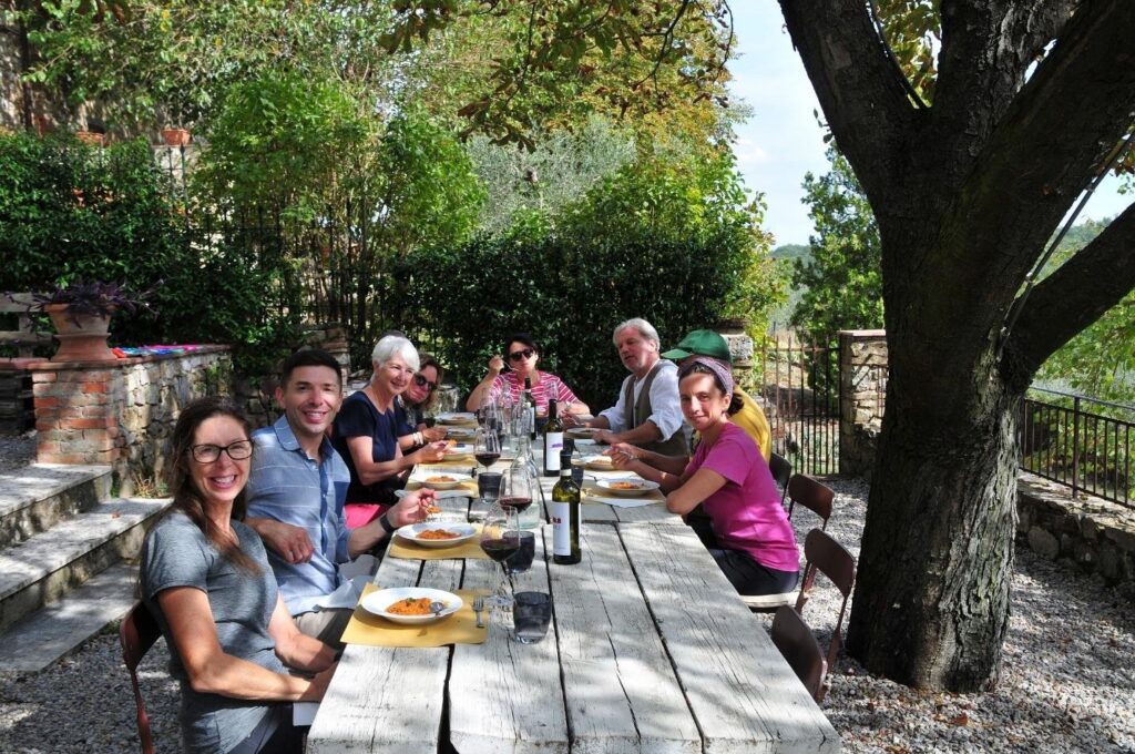 Our group lunching at Tregole (Iconic Tuscany walking tour with Walk About Italy)