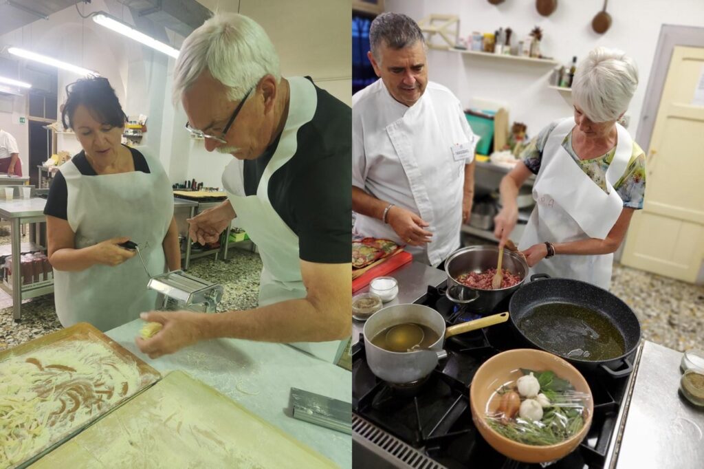 Rolling and cutting the pasta, and Laura starting the ragù (Iconic Tuscany walking tour with Walk About Italy)